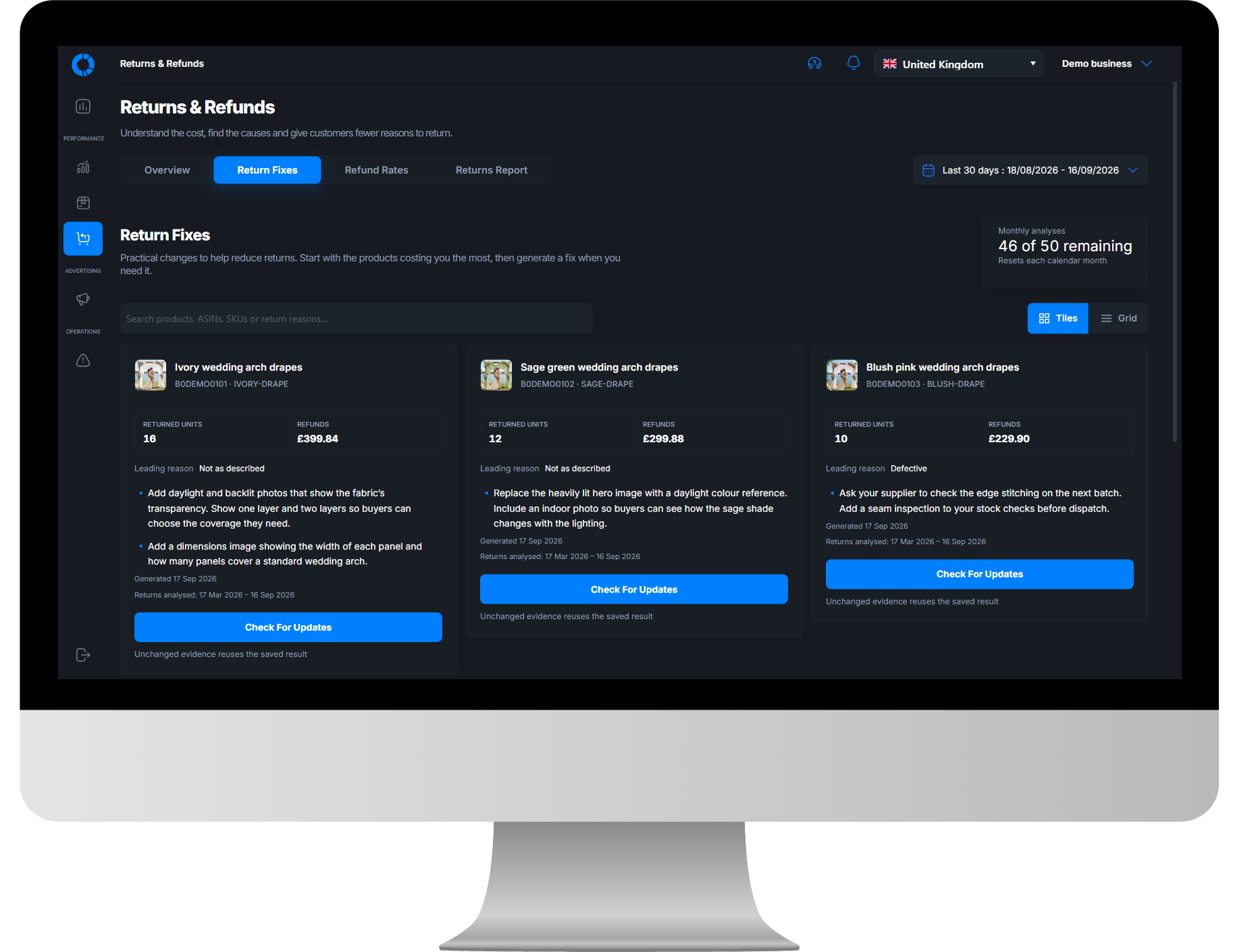 Osellpa Return Fixes with focused product and listing changes based on customer feedback on a desktop monitor